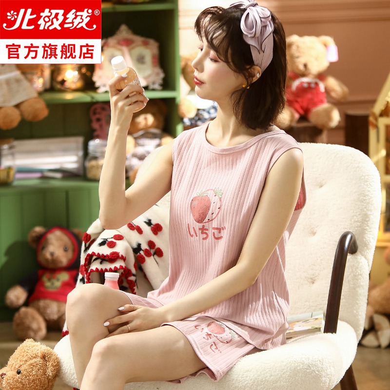 睡衣女夏季2022年新款純棉無袖背心春夏可愛少女可外穿家居服套裝-細節圖2