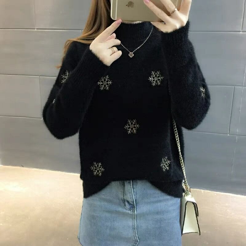 秋冬大碼女裝韓版學生針織衫仿水貂絨半高領加厚毛衣女打底衫上衣-細節圖4