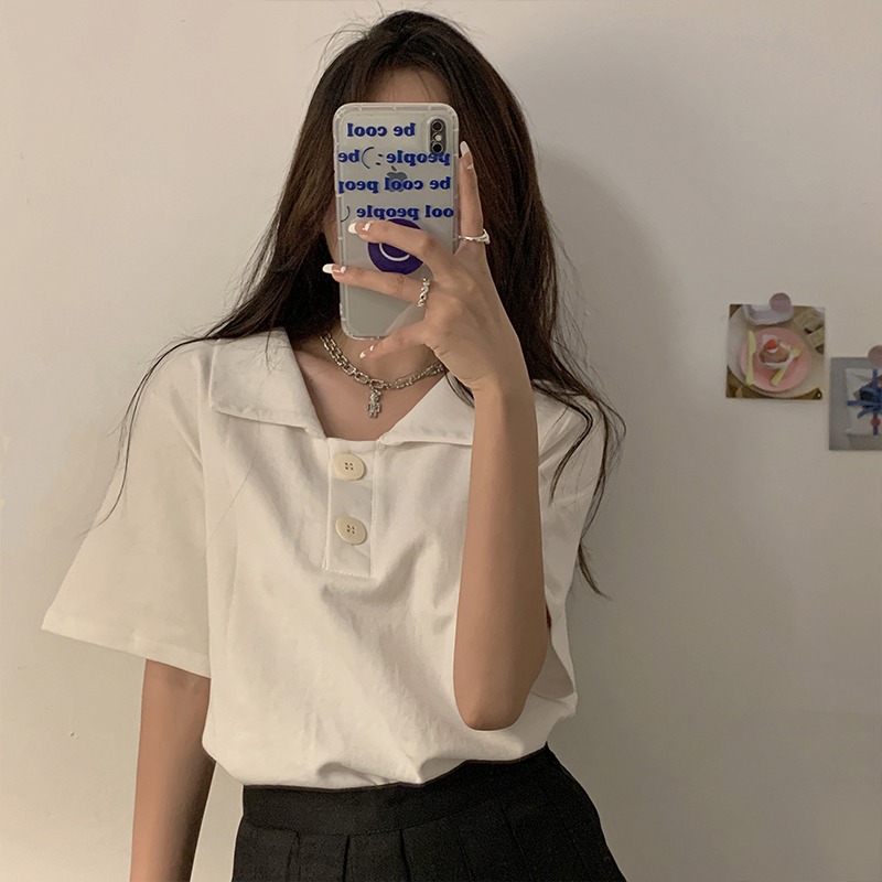 夏季2022新款法式白色T恤短袖女寬松正肩polo衫大碼韓系夏裝上衣-細節圖8