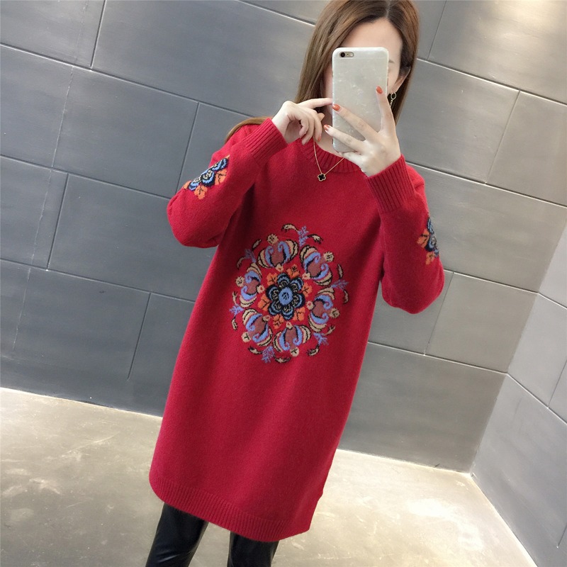 秋裝新款多色中長款圓領針織裙寬松秀花百搭套頭打底衫毛衣女秋冬-細節圖3