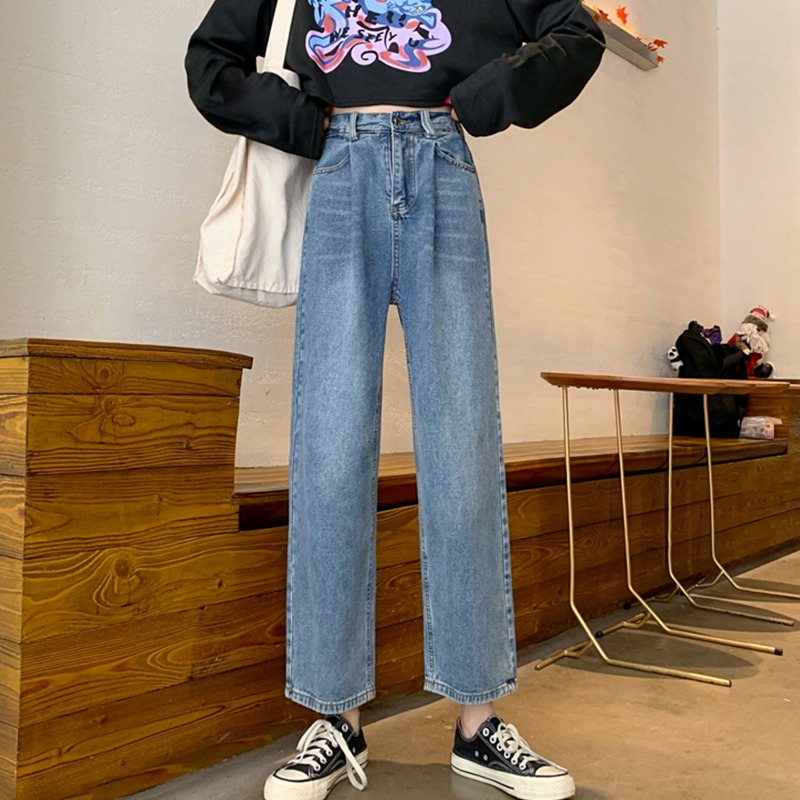 復古港風chic褲子女大碼胖mm工裝闊腿牛仔褲女高腰寬松顯瘦直筒褲-細節圖2