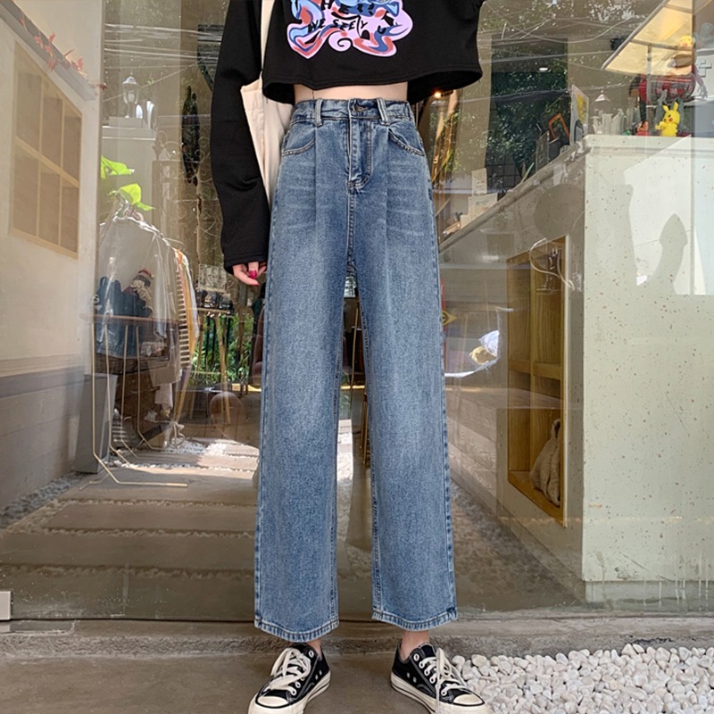 復古港風chic褲子女大碼胖mm工裝闊腿牛仔褲女高腰寬松顯瘦直筒褲-細節圖3