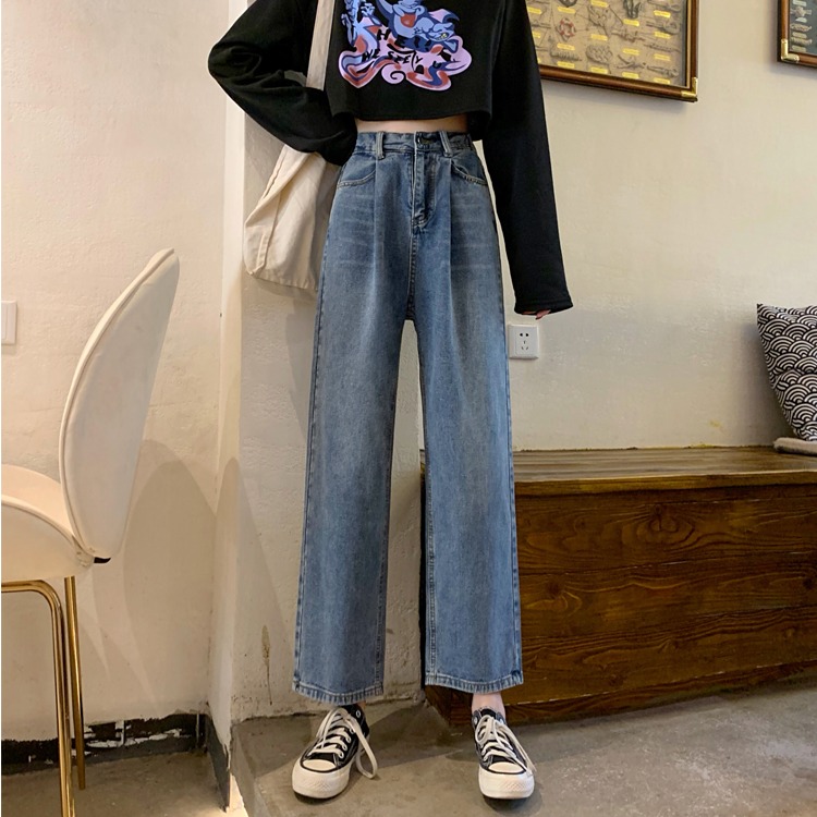 復古港風chic褲子女大碼胖mm工裝闊腿牛仔褲女高腰寬松顯瘦直筒褲-細節圖7