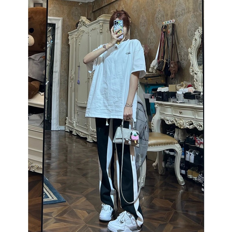 夏季薄款高腰直筒西裝褲女大碼胖妹妹mm衛褲顯瘦休閑運動闊腿褲子-細節圖5