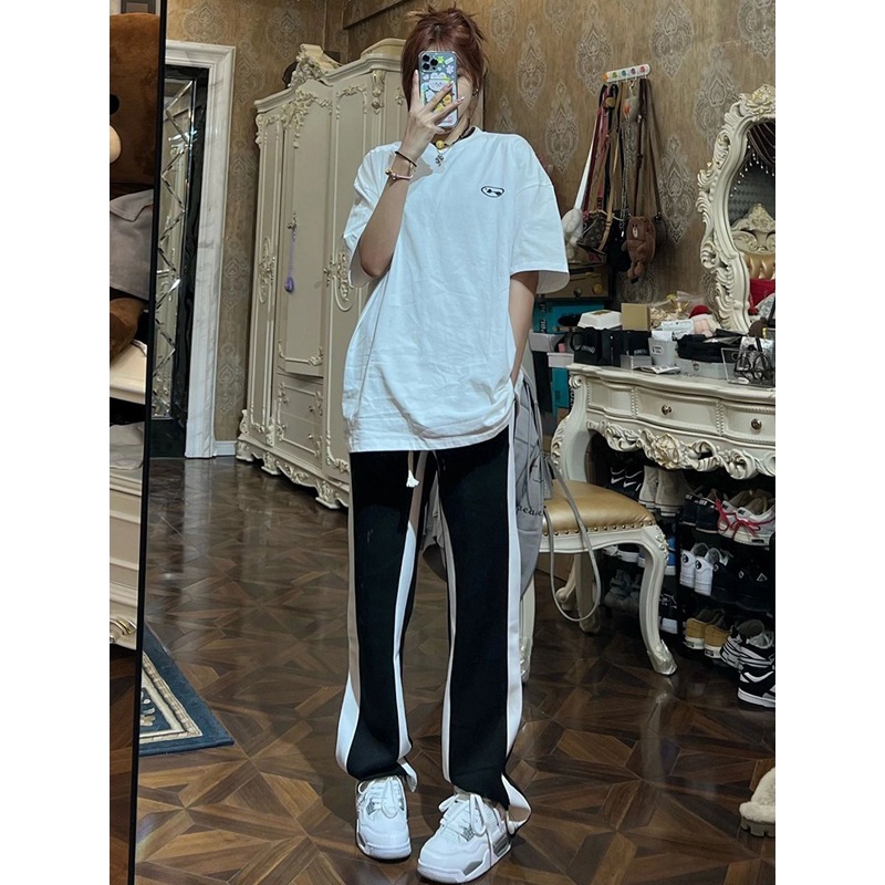 夏季薄款高腰直筒西裝褲女大碼胖妹妹mm衛褲顯瘦休閑運動闊腿褲子-細節圖7