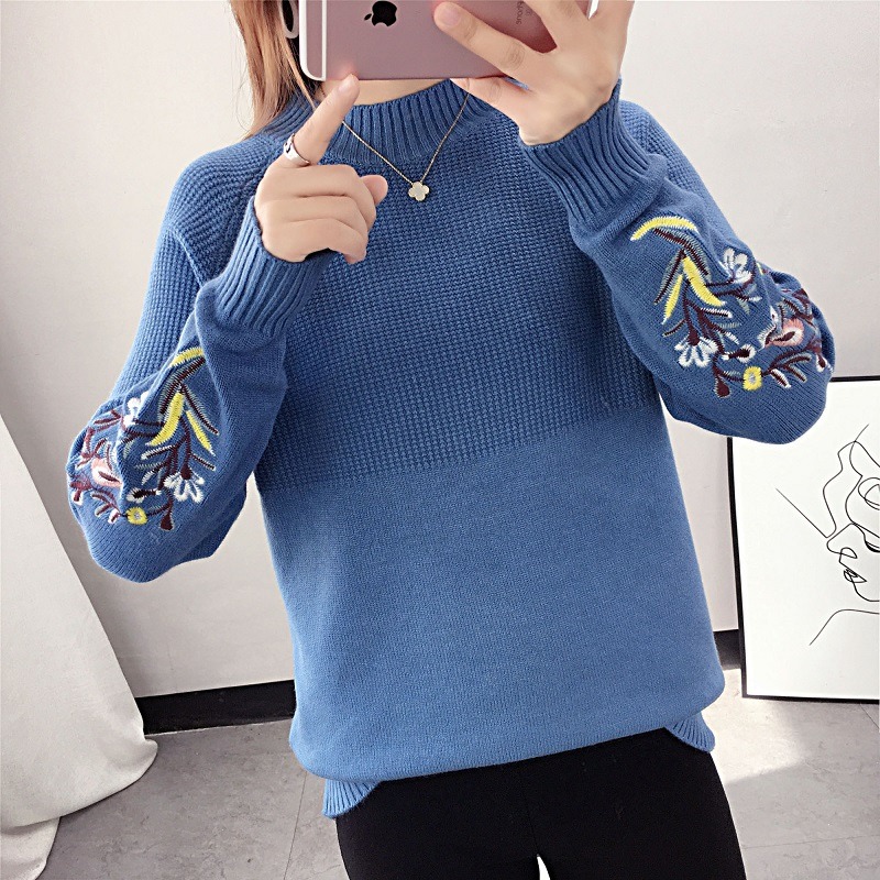 2021女裝韓版套頭寬松繡花毛衣秋冬新款半高領百搭慵懶風長袖潮-細節圖4