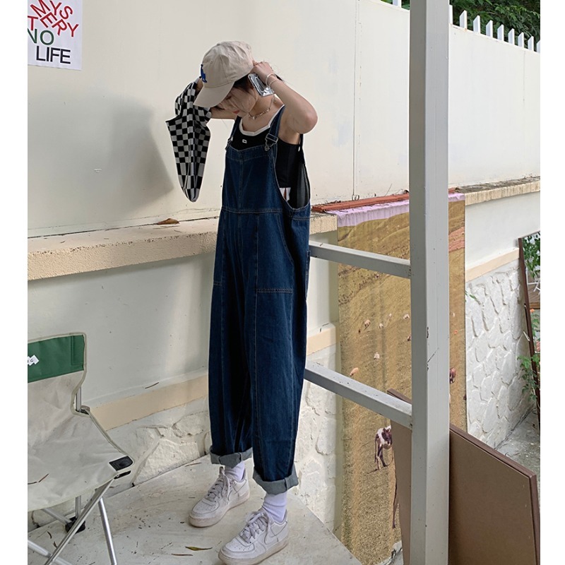 牛仔背帶褲女2022新款大碼胖妹妹mm寬松連體褲小個子減齡闊腿長褲-細節圖2