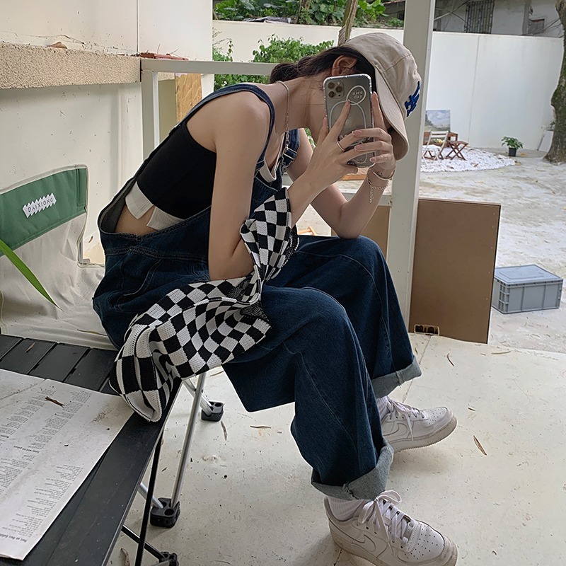 牛仔背帶褲女2022新款大碼胖妹妹mm寬松連體褲小個子減齡闊腿長褲-細節圖3