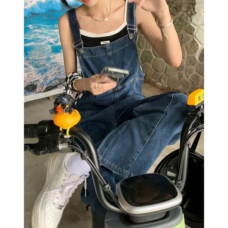 牛仔背帶褲女2022新款大碼胖妹妹mm寬松連體褲小個子減齡闊腿長褲-細節圖4