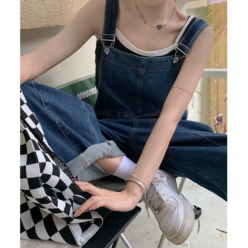 牛仔背帶褲女2022新款大碼胖妹妹mm寬松連體褲小個子減齡闊腿長褲-細節圖5