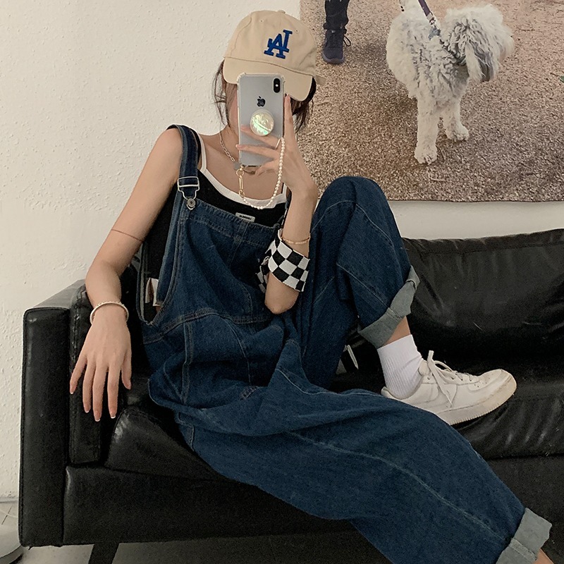牛仔背帶褲女2022新款大碼胖妹妹mm寬松連體褲小個子減齡闊腿長褲-細節圖6