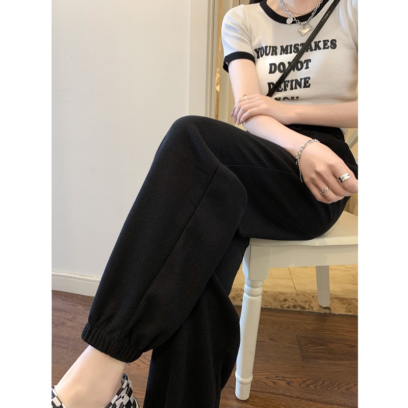 大碼胖mm運動褲女2022年新款夏季薄款寬松束腳顯瘦休閑華夫格衛褲-細節圖2