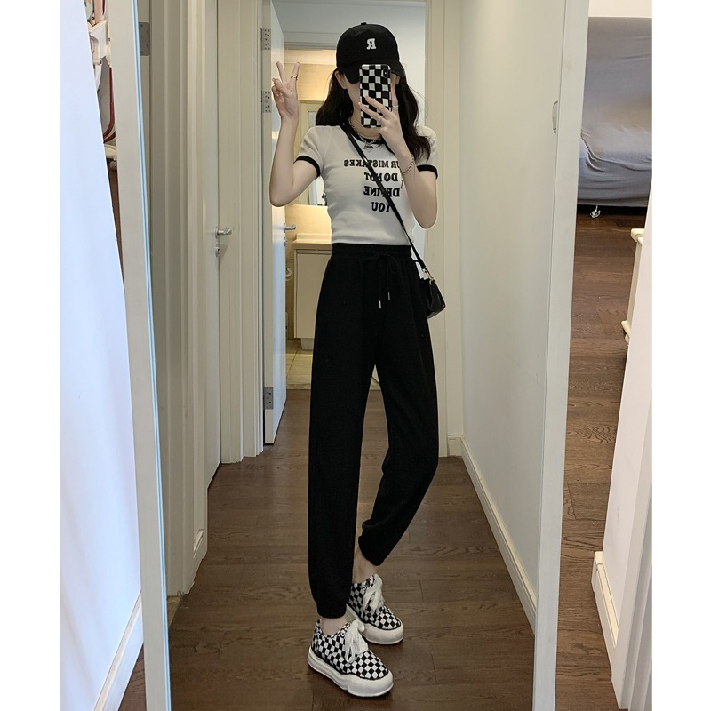 大碼胖mm運動褲女2022年新款夏季薄款寬松束腳顯瘦休閑華夫格衛褲-細節圖7