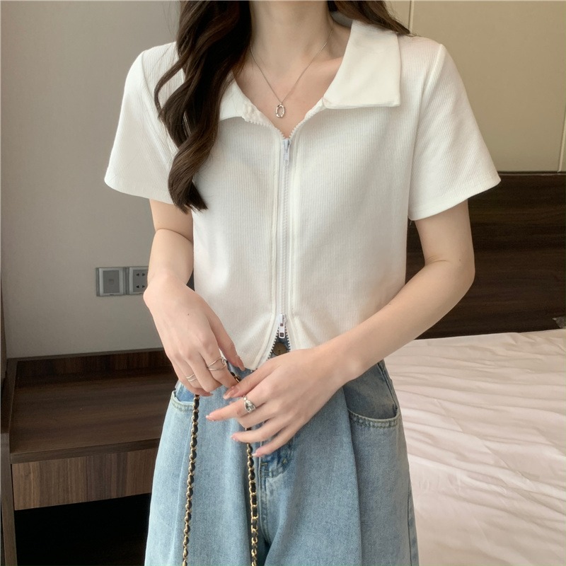 大碼胖妹妹mm夏季韓版短袖t恤女設計感2022短款polo衫別致上衣夏-細節圖8