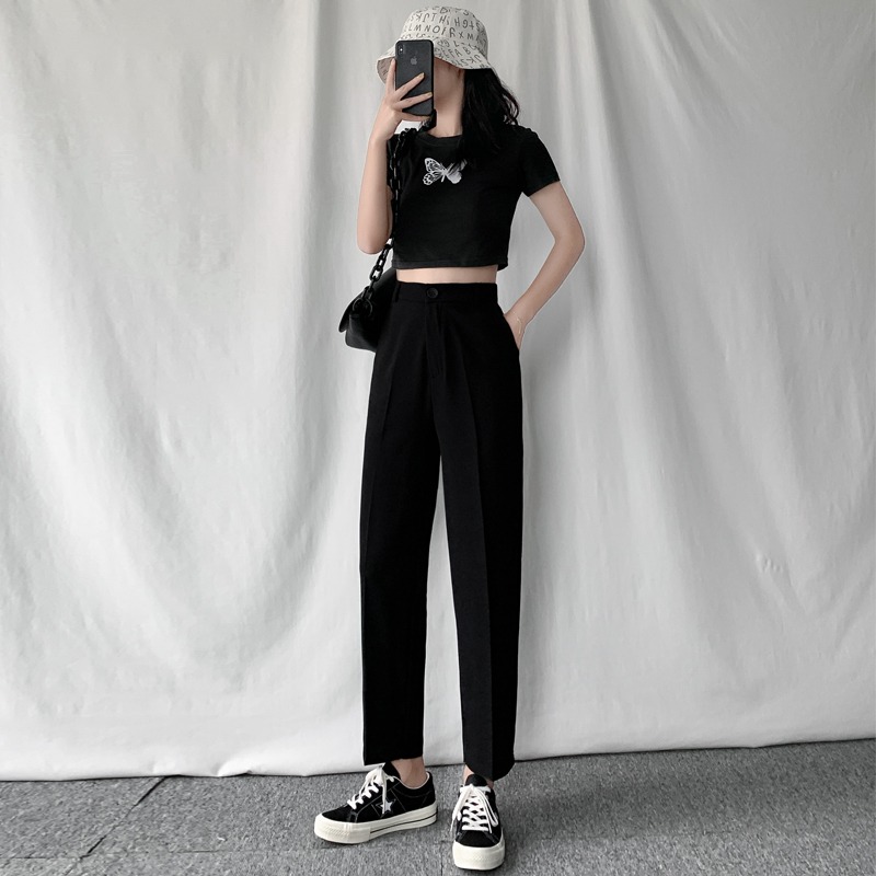 西裝褲女九分2022新款春夏黑色西褲寬松休閑褲子女高腰直筒煙管褲-細節圖2