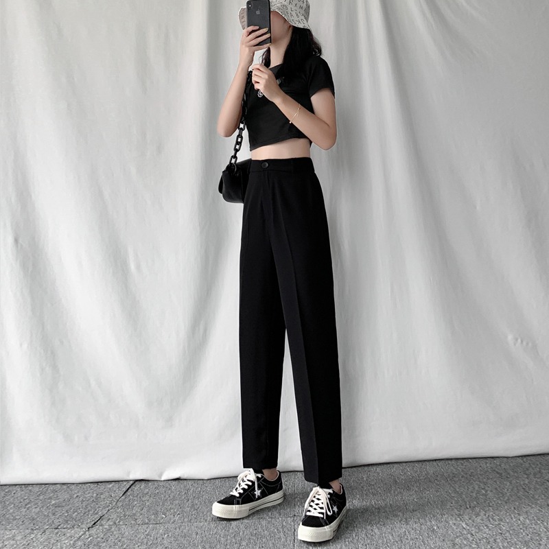 西裝褲女九分2022新款春夏黑色西褲寬松休閑褲子女高腰直筒煙管褲-細節圖4