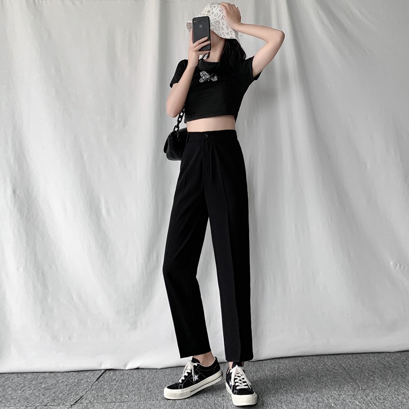 西裝褲女九分2022新款春夏黑色西褲寬松休閑褲子女高腰直筒煙管褲-細節圖5