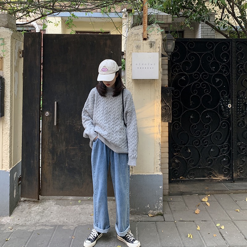 2022年秋裝新款大碼牛仔褲女高腰胖妹妹闊腿褲垂感直筒寬松老爹褲-細節圖2