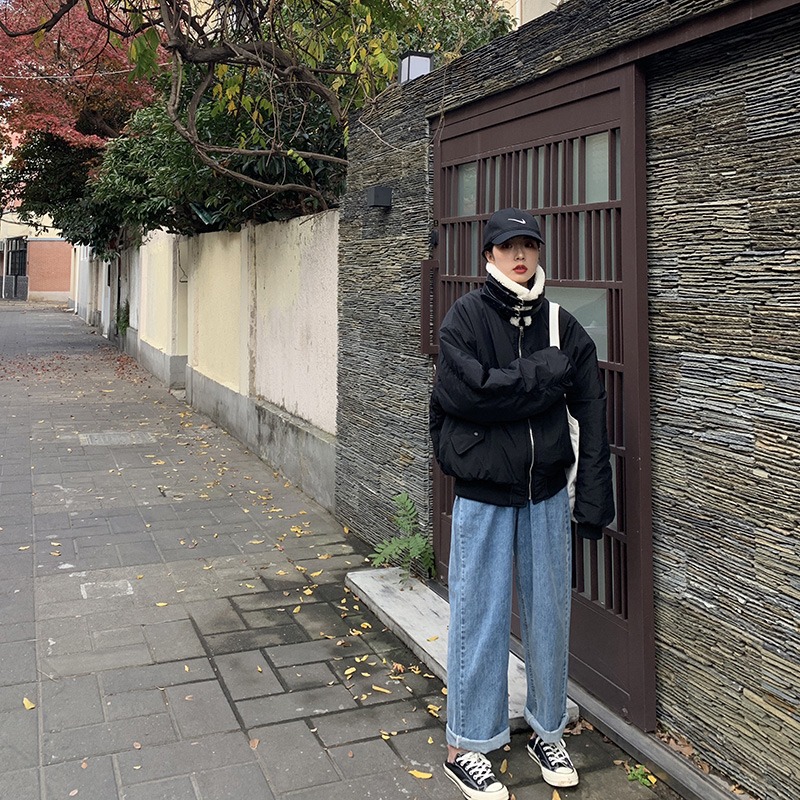 2022年秋裝新款大碼牛仔褲女高腰胖妹妹闊腿褲垂感直筒寬松老爹褲-細節圖4