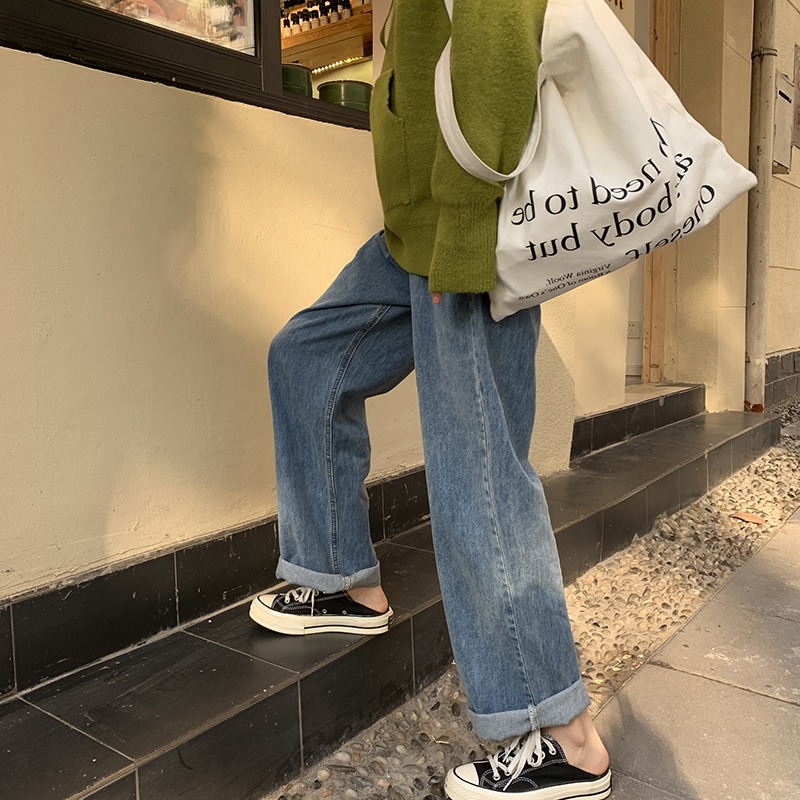 2022年秋裝新款大碼牛仔褲女高腰胖妹妹闊腿褲垂感直筒寬松老爹褲-細節圖6