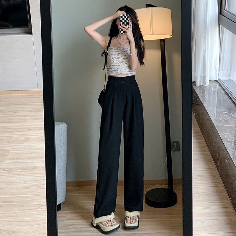 黑色闊腿褲子女大碼休閑拖地長褲高腰顯瘦垂感夏季新款直筒西裝褲-細節圖2