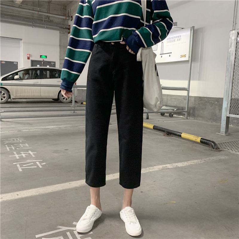 2022秋季新款韓版寬松bf工裝牛仔褲女高腰顯大碼胖mm直筒褲九分褲-細節圖2