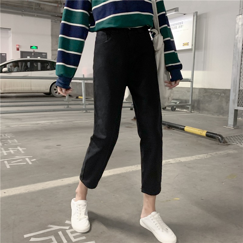 2022秋季新款韓版寬松bf工裝牛仔褲女高腰顯大碼胖mm直筒褲九分褲-細節圖3