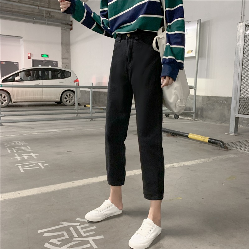 2022秋季新款韓版寬松bf工裝牛仔褲女高腰顯大碼胖mm直筒褲九分褲-細節圖7
