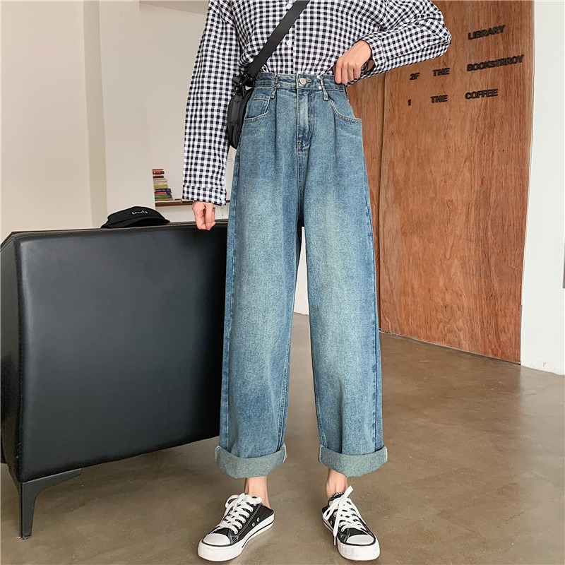 春夏2022年新款牛仔褲女直筒寬松高腰顯瘦大碼胖妹妹拖地闊腿褲子-細節圖5