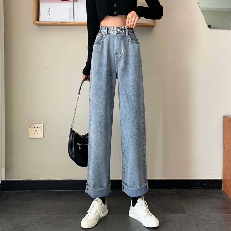 春夏2022年新款牛仔褲女直筒寬松高腰顯瘦大碼胖妹妹拖地闊腿褲子-細節圖8