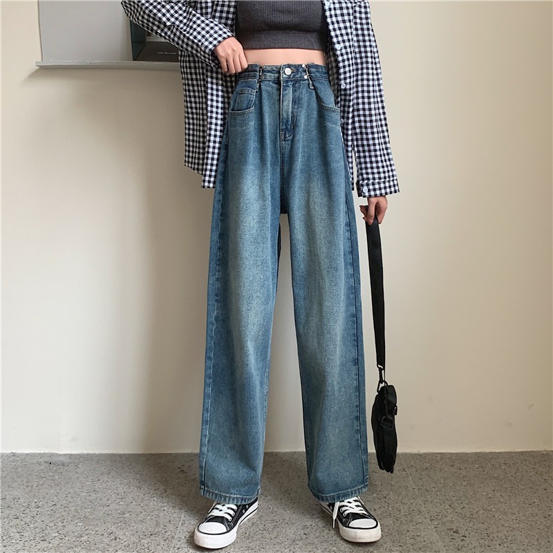 春夏2022年新款牛仔褲女直筒寬松高腰顯瘦大碼胖妹妹拖地闊腿褲子-細節圖9