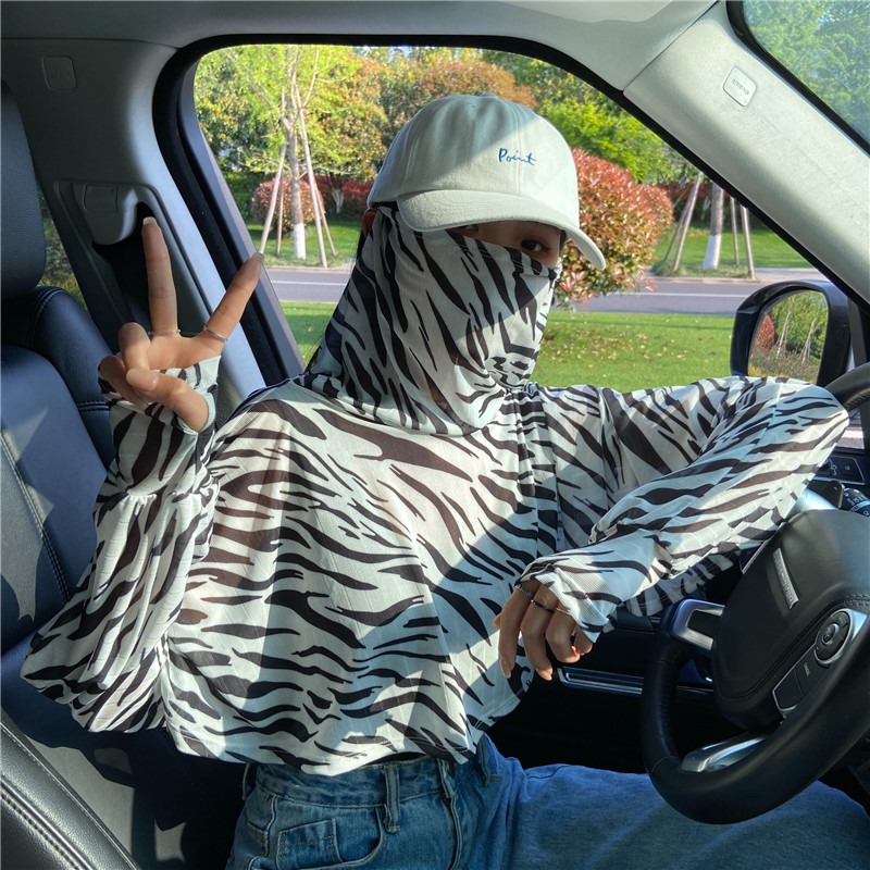 防曬披肩女夏季斑馬開車披風長袖騎車面罩遮臉斗篷一體短款防曬衣-細節圖2