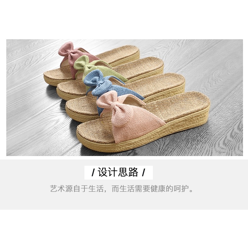 2021款高跟蝴蝶結亞麻拖鞋女夏季家居室內厚底防滑家用坡跟可外穿-細節圖7