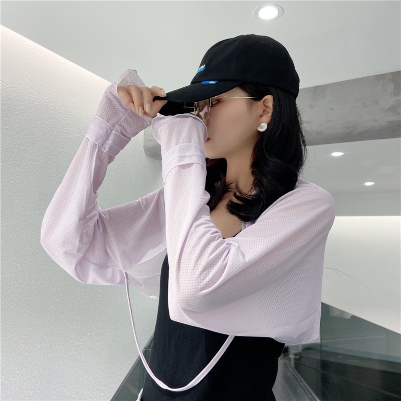純色防曬長袖防曬衣女開車夏季騎車連體袖套手臂披肩遮陽冰絲斗篷-細節圖3