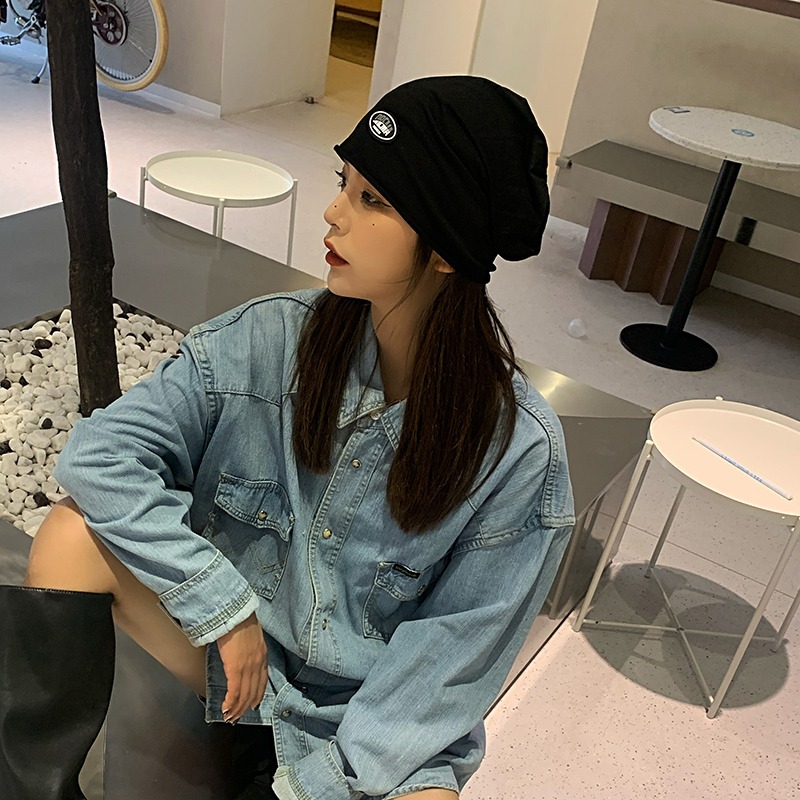 日系針織黑色堆堆帽女夏薄款冷帽百搭包頭帽毛線帽月子帽子女-細節圖2