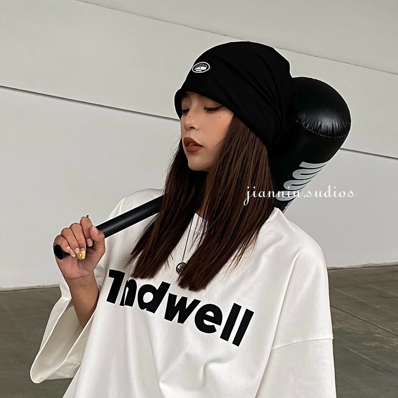 日系針織黑色堆堆帽女夏薄款冷帽百搭包頭帽毛線帽月子帽子女-細節圖3