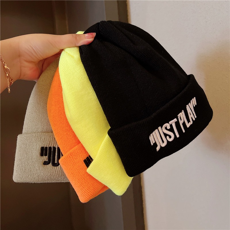 字母刺繡針織帽歐美冷帽JUST街頭運動百搭男女美式潮牌黑色毛線帽-細節圖2