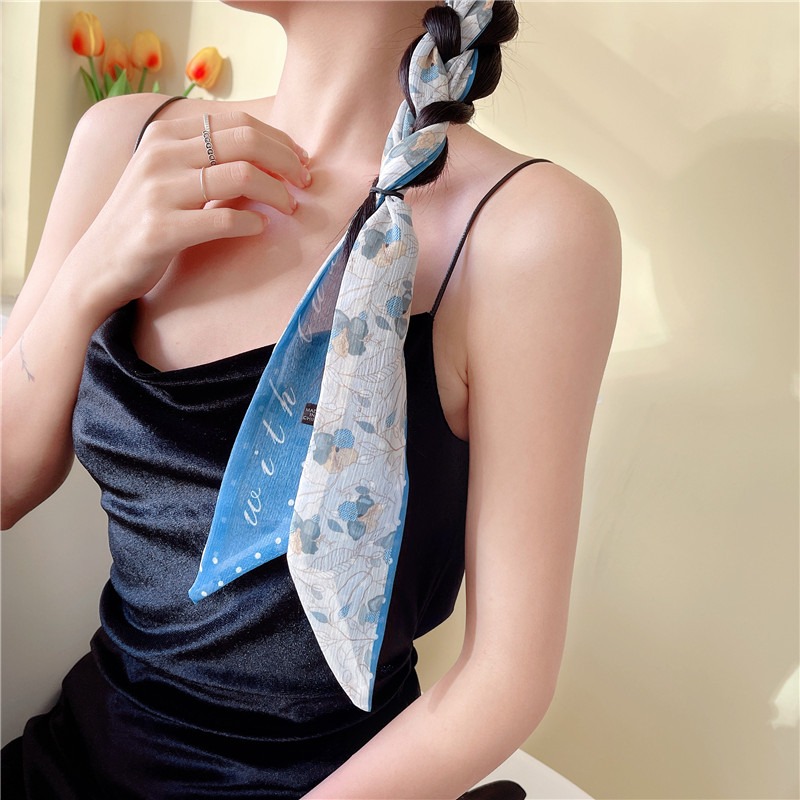 夏季藍色絲巾發帶女綁發飄帶頭發綁帶春夏新款頭巾絲帶扎頭發頭飾-細節圖2