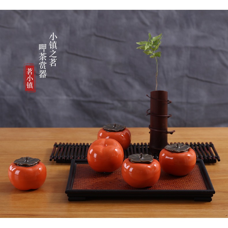 柿子茶葉罐陶瓷小號家用創意密封儲茶罐茶具擺件仿真迷你存花茶罐-細節圖8