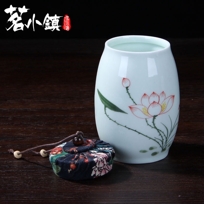 手繪荷花密封罐存茶罐子青瓷醒茶罐儲藏藥材罐茶葉包裝陶瓷茶葉罐-細節圖2