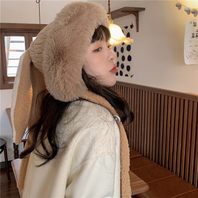 護耳大毛領大兔子耳朵雷鋒帽加絨加厚女可愛日系保暖帽子蓬鬆軟妹-細節圖3