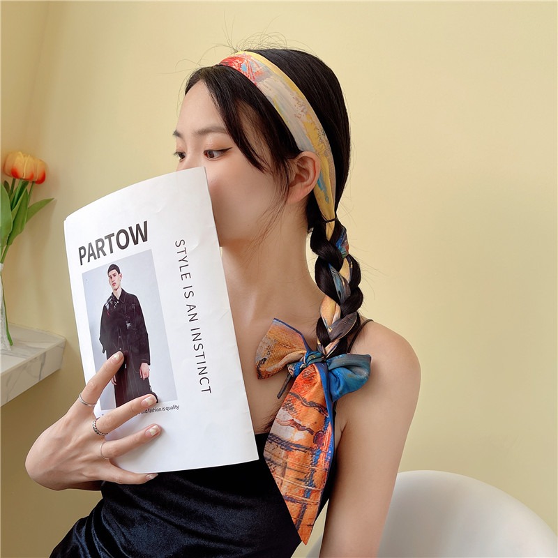 油畫中國風小長條絲巾女春秋夏季扎頭編發帶綁包絲帶飄帶腰帶領帶-細節圖3