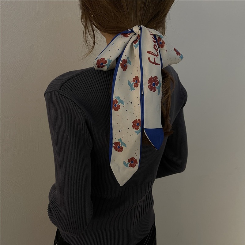花朵百搭小長條飄帶頭發雙面絲巾絲帶女扎綁馬尾春秋綁包發帶-細節圖2
