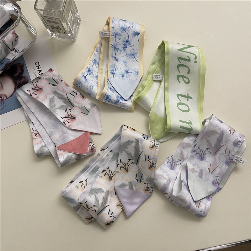 法式復古春秋絲巾女雙面飄帶綁包絲帶花朵綁發洋氣時尚小長條發帶-細節圖2