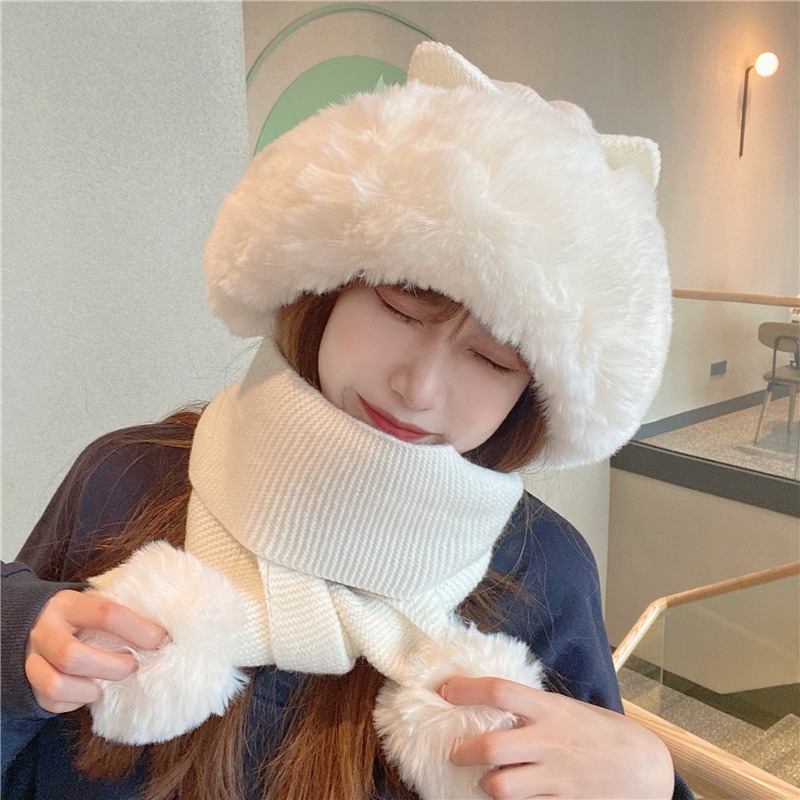 冬季一體毛球耳朵加厚毛絨絨帽子甜美可愛兩件套圍脖護耳保暖圍巾-細節圖4