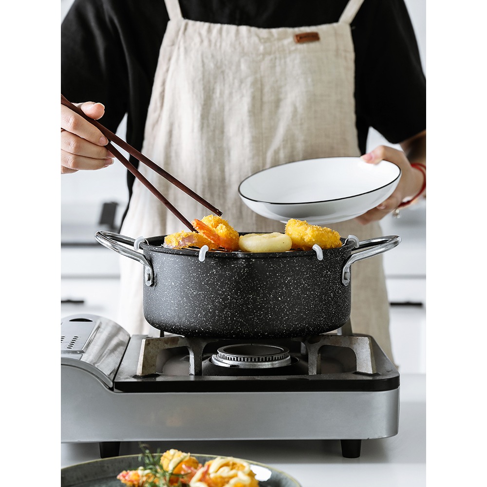 食味 日式小油炸鍋 家用廚房烹飪天婦羅帶濾油架不粘麥飯石鍋-細節圖4