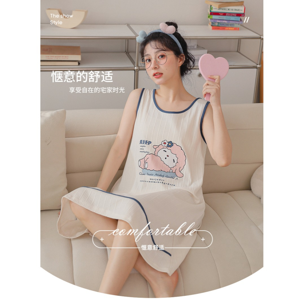 睡裙夏季女士年新款純棉大碼背心可愛薄款春秋無袖家居服睡衣-細節圖6