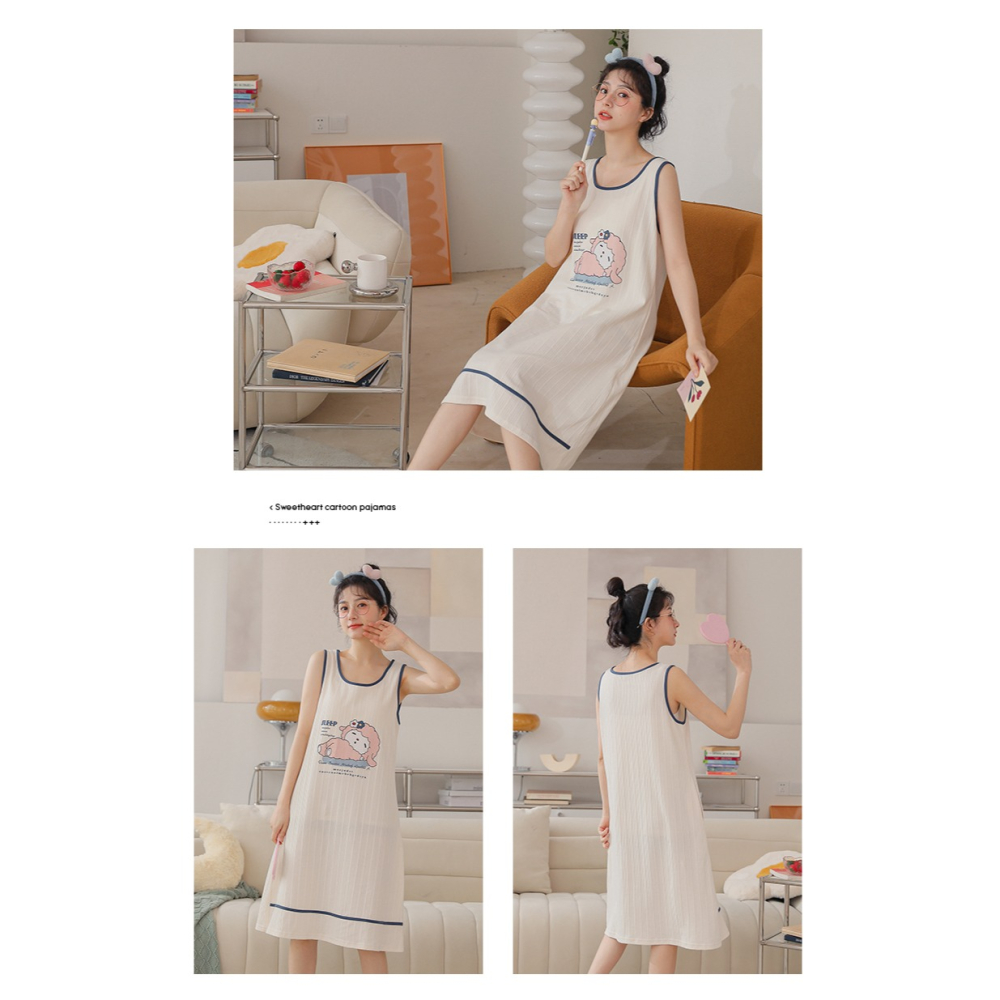 睡裙夏季女士年新款純棉大碼背心可愛薄款春秋無袖家居服睡衣-細節圖10