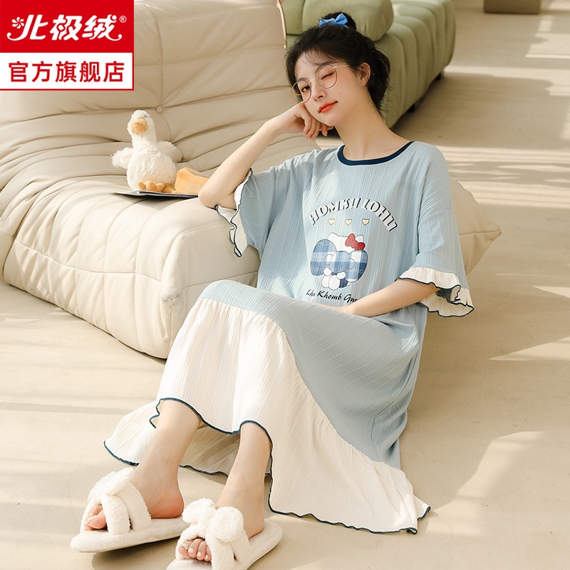 睡裙女夏年新款純棉短袖大碼寬松薄款可愛春秋女士睡衣家居服-細節圖2
