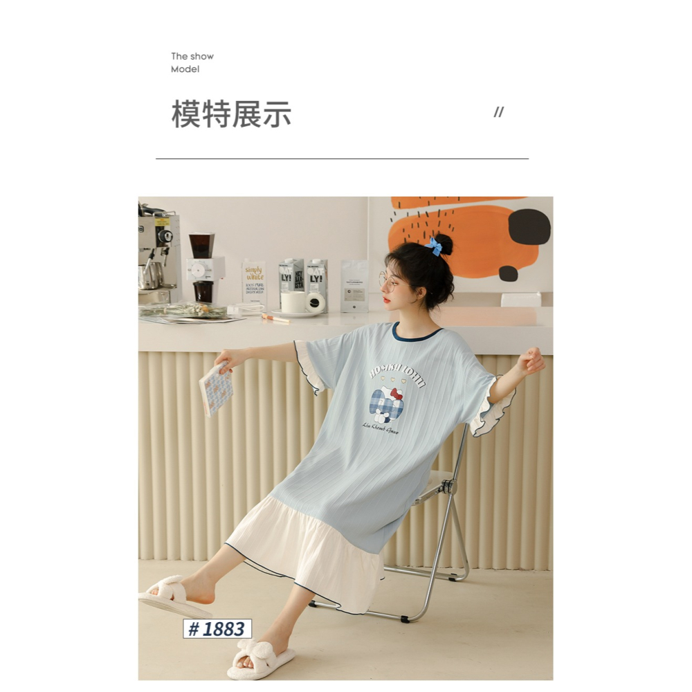 睡裙女夏年新款純棉短袖大碼寬松薄款可愛春秋女士睡衣家居服-細節圖8